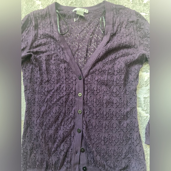 NWOT plum cotton blend eggplant purple lace crochet v neck cardigan 3/4 sleeve - Picture 5 of 5